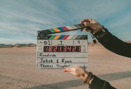 A film set scene with a clapperboard 